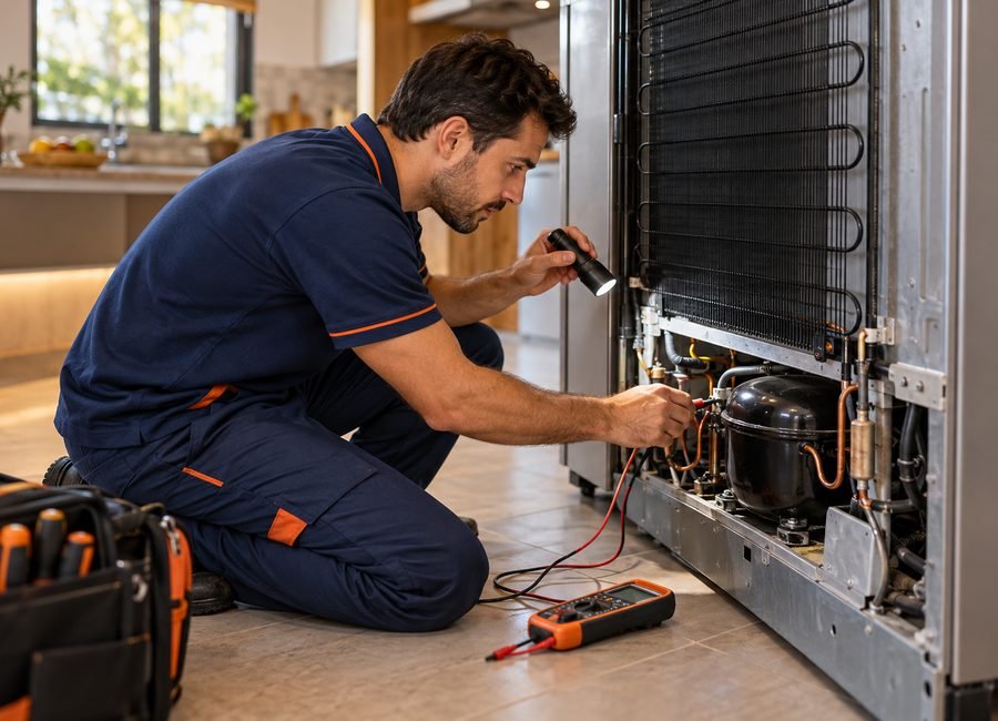 Técnico da GRUPOSERV consertando um eletrodoméstico no local do atendimento